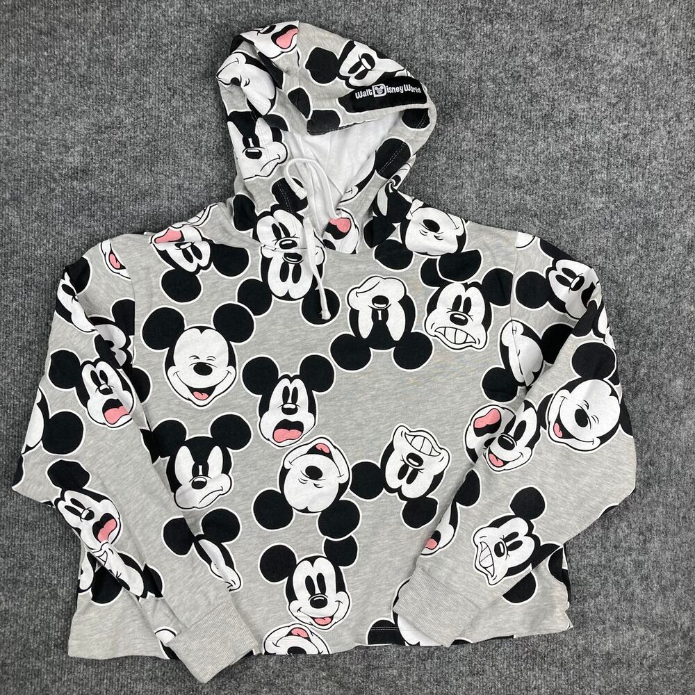 Disney Mickey Mouse Hoodie Womens Size XL Gray Graphic All Over Print Pullover